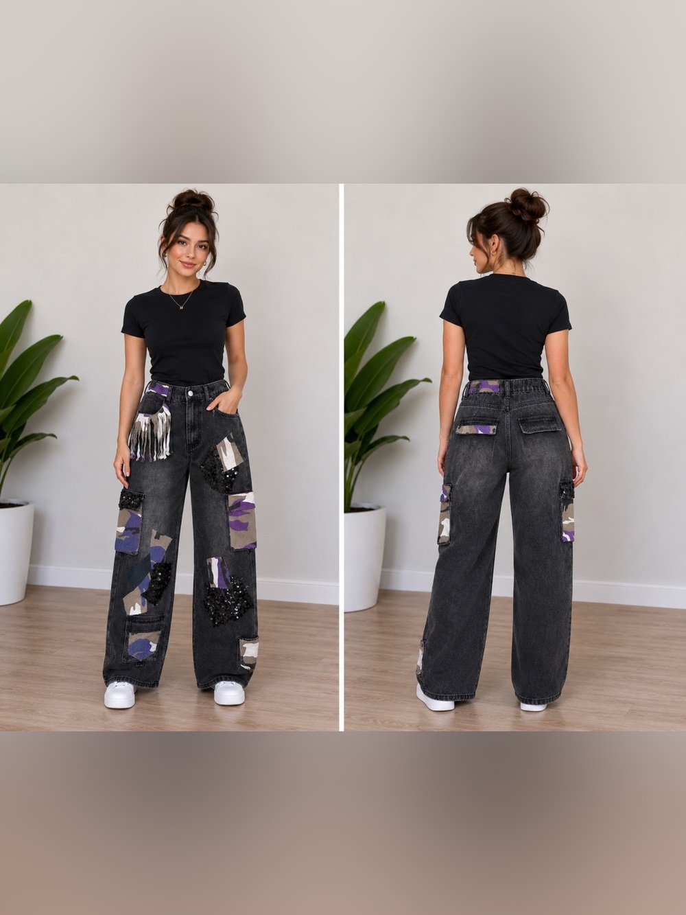 Upcycled High-Waist Patchwork camo Wide-Leg junk phrase jeans size M